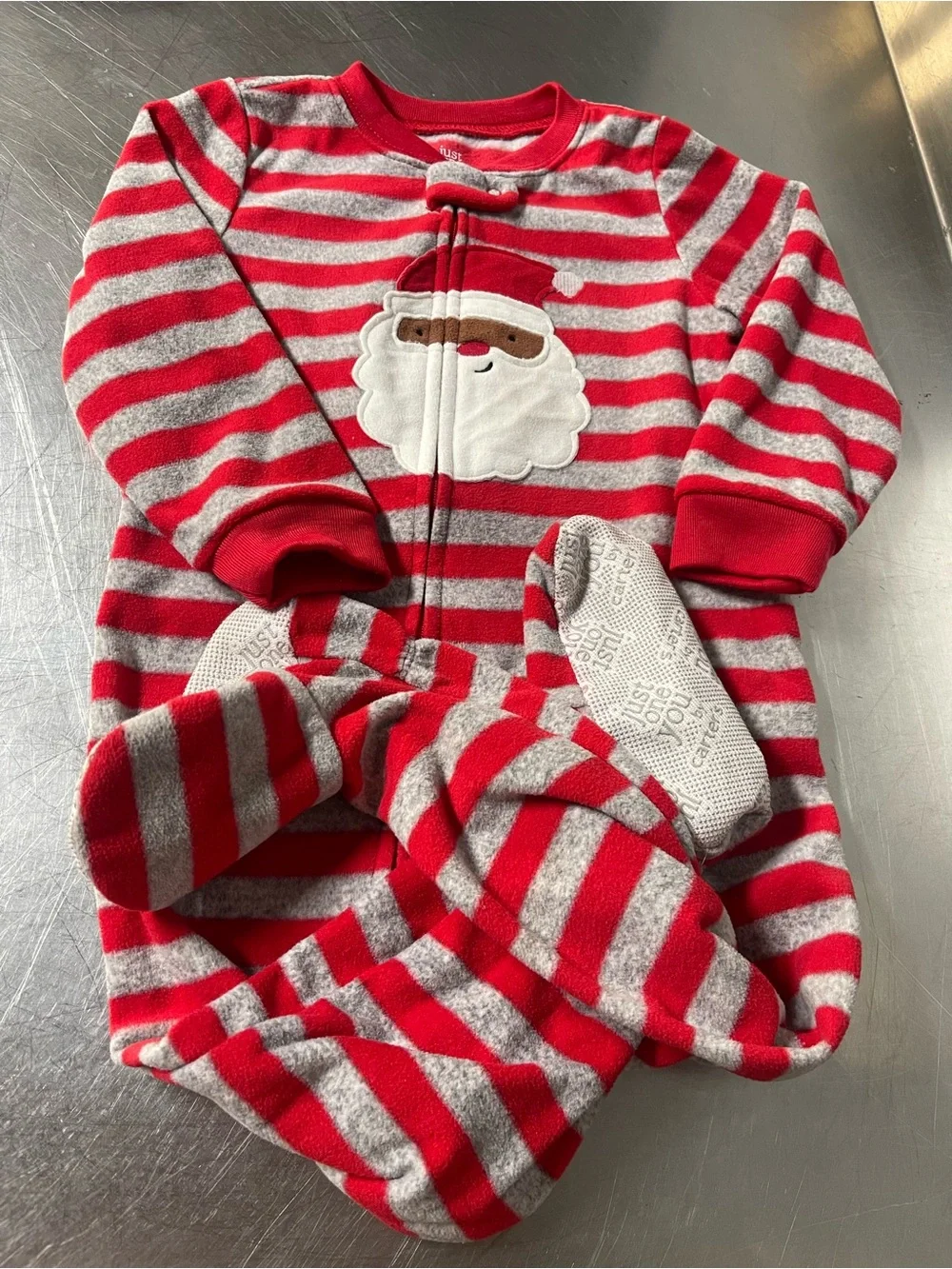 Red & Gray Striped Kids Footed One-Piece with Santa Applique